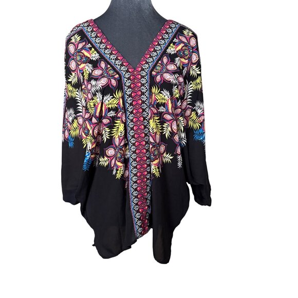 Rose + Olive Tops - Rose + Olive Black Boho Floral V-Neck Tunic Blouse L 100% Polyester